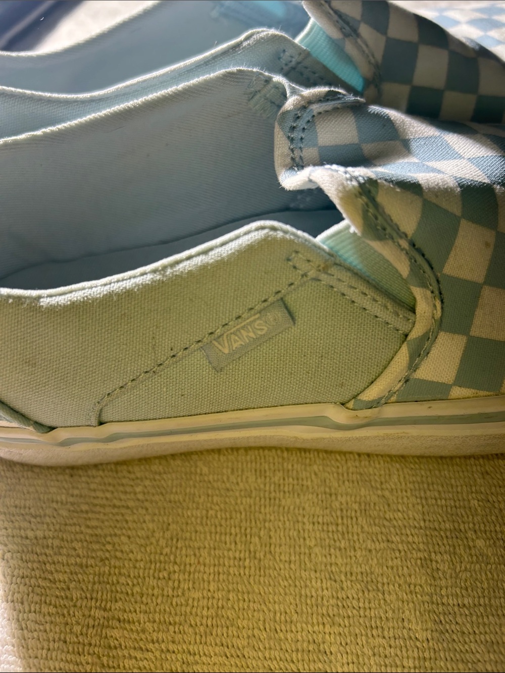 Vans Women’s Slip-On Checkerboard Sneakers in Light Blue & White - Picture 5 of 6
